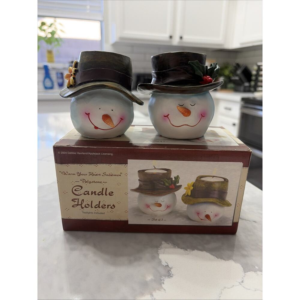 Warm Your Heart Snowman Polystone Candle Holders Set of 2 2004 Debbie Haviland